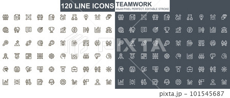 Teamwork thin line icons set. Corporate partnership and business team collaboration unique design icons. Businessman cooperation outline vector bundle. 48x48 pixel perfect linear pictogram pack. Teamwork thin line icons set. Corporate partnership and business team collaboration unique design icons. Businessman cooperation outline vector bundle. 48x48 pixel perfect linear pictogram pack. 101545687
