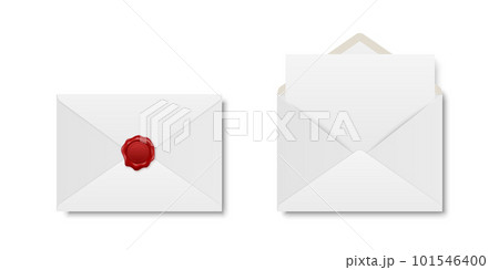 Vector Realistic White Closed Envelope with Red Wax Seal and Opened Envelope with Letter Inside. Folded and Unfolded White Envelope Icon Set Isolated. Message, Alert, Surprise, Secret Concept 101546400