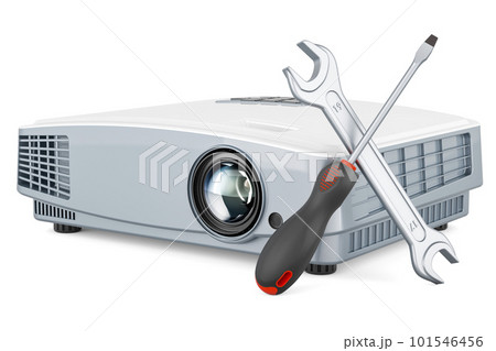 Projector with screwdriver and wrench, 3D rendering 101546456