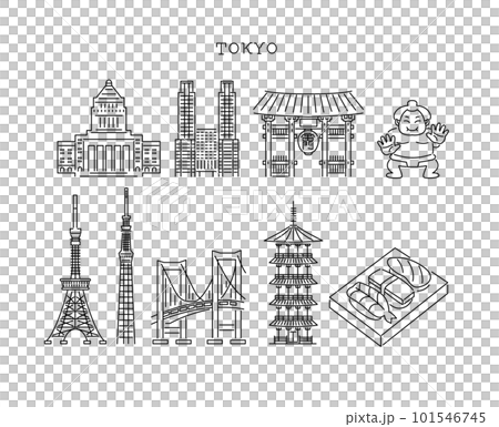 東京著名的旅遊目的地標誌圖標集 101546745