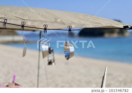 トイプードルを連れて女子キャンプ　青い海・美しいビーチでのんびり島キャンプ　キャンプ料理を楽しむ女性 101546782