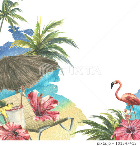 Sun umbrella with beach lounger, hibiscus flowers, pink flamingos and coconut trees against the sea and sky. Watercolor illustration. Composition from the CUBA collection. For decoration and design 101547415