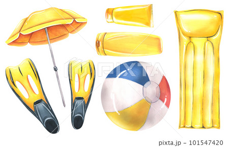 Set of beach accessories yellow inflatable mattress for swimming, sun umbrella, fins, inflatable ball and sun cream. Watercolor illustration, hand drawn. Isolated objects on a white background. Set of beach accessories yellow inflatable mattress for swimming, sun umbrella, fins, inflatable ball and sun cream. Watercolor illustration, hand drawn. Isolated objects on a white background. 101547420
