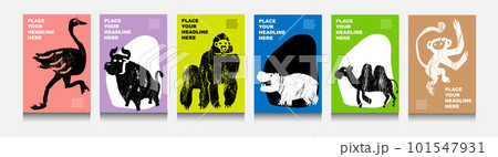 Abstract wild and domesticated animals: ostrich, bull, gorilla, hippo, camel, monkey. Set of contemporary asian art print templates. Ink animals with place for text and geometrical shapes Abstract wild and domesticated animals: ostrich, bull, gorilla, hippo, camel, monkey. Set of contemporary asian art print templates. Ink animals with place for text and geometrical shapes 101547931