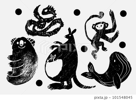 Set of abstract wild animals. Jungle, Forest bird. Dragon, kangaroo, monkey, koala, whale. Set of contemporary asian art print templates. Ink animals vector illustration. 101548045