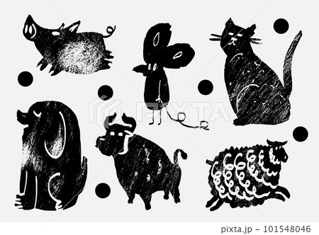 Abstract wild and domesticated animals: pig, mouse, cat, dog, bull, ram. Set of contemporary asian art print templates. Ink, vector illustration Abstract wild and domesticated animals: pig, mouse, cat, dog, bull, ram. Set of contemporary asian art print templates. Ink, vector illustration 101548046