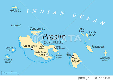 Praslin and nearby islands, political map. Second largest islands of the Seychelles, a Republic and archipelagic state in the Indian Ocean. La Digue, Curieuse and Felicite Island, and smaller islands. Praslin and nearby islands, political map. Second largest islands of the Seychelles, a Republic and archipelagic state in the Indian Ocean. La Digue, Curieuse and Felicite Island, and smaller islands. 101548196