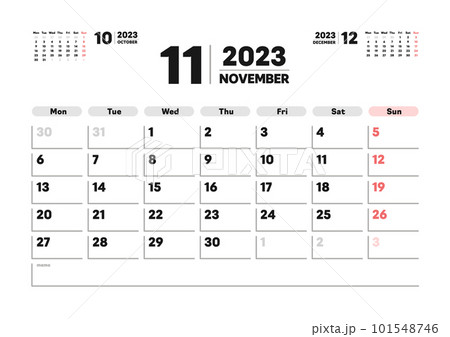2023年11月のカレンダー - 月曜始まりの月めくりマンスリーカレンダー - 3ヶ月分･A版比率 101548746