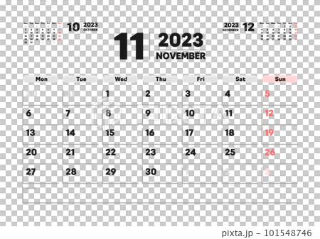 2023年11月のカレンダー - 月曜始まりの月めくりマンスリーカレンダー - 3ヶ月分･A版比率 101548746