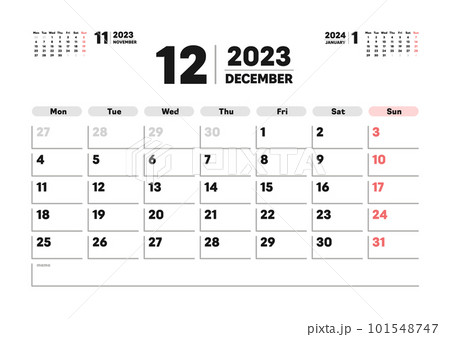2023年12月のカレンダー - 月曜始まりの月めくりマンスリーカレンダー ...