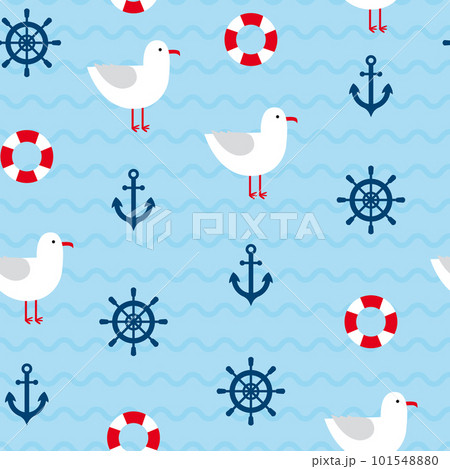 Blue sea background with seagulls, steering wheel, anchor and lifeguard circle. 101548880