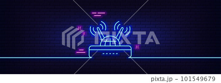 Neon light glow effect. Wifi router line icon. Computer component sign. Internet symbol. 3d line neon glow icon. Brick wall banner. Wifi outline. Vector 101549679