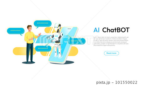 AI Chatbot or artificial intelligence concept. AI Robot answer customer in chatbot service. Dialog between AI assistant and user. Web banner layout template and cartoon character, vector illustration 101550022