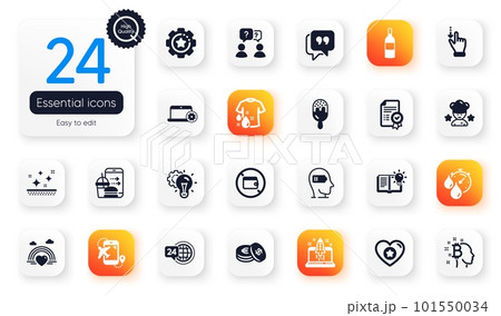 Set of Business flat icons. Start business, Wallet and Food order elements for web application. Quote bubble, Lgbt, Timer icons. Wash t-shirt, Clean skin, Wine bottle elements. Vector 101550034