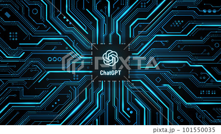 ChatGPT conversation method illustrations. Artificial intelligence chatbot logo on circuit board, ChatGPT AI Chatbot concept, vector illustration 101550035