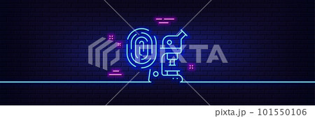 Neon light glow effect. Fingerprint research line icon. Microscope investigation sign. Biometric identity symbol. 3d line neon glow icon. Brick wall banner. Fingerprint research outline. Vector 101550106