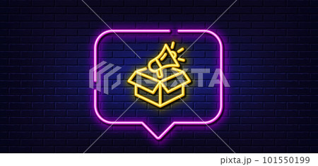 Neon light speech bubble. Megaphone box line icon. Advertisement device symbol. Brand ambassador sign. Neon light background. Megaphone box glow line. Brick wall banner. Vector Neon light speech bubble. Megaphone box line icon. Advertisement device symbol. Brand ambassador sign. Neon light background. Megaphone box glow line. Brick wall banner. Vector 101550199