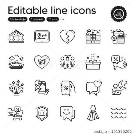 Set of Holidays outline icons. Contains icons as Discounts app, Shift and Heart elements. Flight destination, Dress, Hotel web signs. Love him, Car travel, Luggage protect elements. Vector 101550200