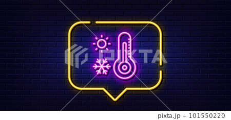 Neon light speech bubble. Weather thermometer line icon. Winter snowflake, sun sign. Temperature symbol. Neon light background. Weather thermometer glow line. Brick wall banner. Vector 101550220