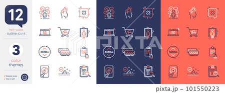 Set of Brand ambassador, Hdd and Scroll down line icons. Include Clipboard, Reject, Search analysis icons. Skin care, 5g notebook, Difficult stress web elements. Ram, Internet shopping. Vector 101550223