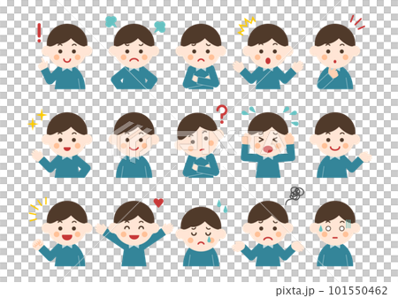 Illustration set of facial expressions and poses of young men 101550462