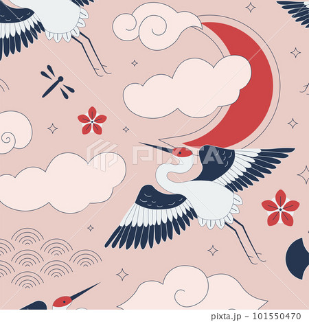 Japanese Cranes Flying in Clouds Oriental Pattern Japanese Cranes Flying in Clouds Oriental Pattern 101550470