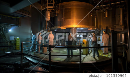 A group of men standing in front of a nuclear reactor machine. AI generative image A group of men standing in front of a nuclear reactor machine. AI generative image 101550965