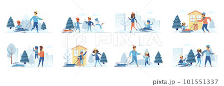 Snow sledding activities bundle of scenes with people characters. Parents with kids sledding slide outdoors at snowfall conceptual situations. Wintertime holidays vacation cartoon vector illustration. Snow sledding activities bundle of scenes with people characters. Parents with kids sledding slide outdoors at snowfall conceptual situations. Wintertime holidays vacation cartoon vector illustration. 101551337