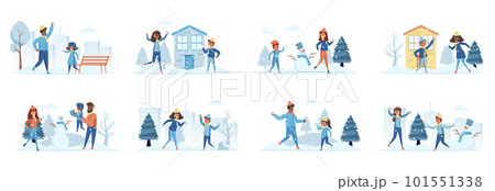 Winter family vacation bundle of scenes with people characters. Parents play snowballs with kids conceptual situations. Wintertime holidays, outdoors activities and fun cartoon vector illustration. 101551338