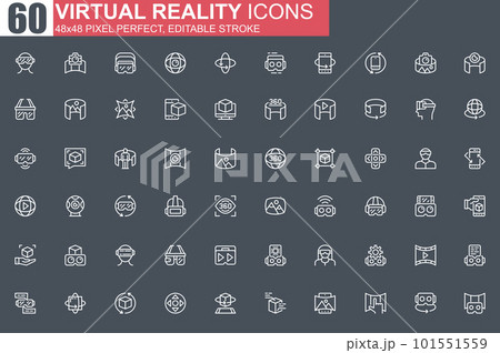 Virtual reality thin line icon set. 3d simulation and computer vision outline pictograms for web and mobile app GUI. VR technology simple UI, UX. Grid 48x48 pixel perfect linear vector icons pack. 101551559