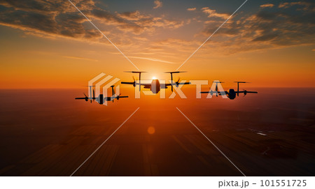 A Group Of Drones Flying In The Air At Sunset....のイラスト素材 [101551725 ...