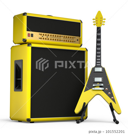 Classical amplifier with acoustic guitar on stand isolated on white background. 101552201