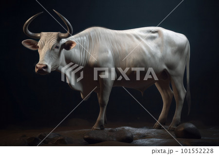 A natural and peaceful scene of a brown and white cow grazing in a green pasture surrounded by flora and fauna. AI Generative. 101552228