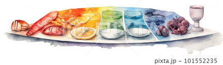 A rainbow drawing of a plate with different foods on it. AI generative image 101552235