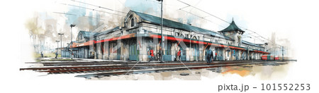 A painting of a train station with a train on the tracks. AI generative image 101552253