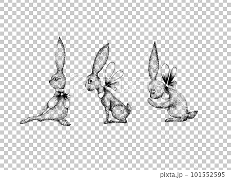 Easter Bunnies. Graphic illustration in pointillism style. Set of three hares for your design Easter Bunnies. Graphic illustration in pointillism style. Set of three hares for your design 101552595