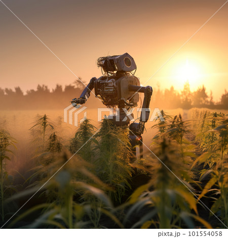 A robot standing in the middle of a field of a medical hemp. AI generative image A robot standing in the middle of a field of a medical hemp. AI generative image 101554058