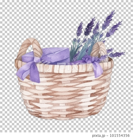 Watercolor lavender flowers in basket. Illustration AI Generative Watercolor lavender flowers in basket. Illustration AI Generative 101554356