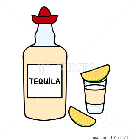 Alcohol drink Tequila, yellow bottle with red hat, glass shot with slice of lime and salt, vector 101554712