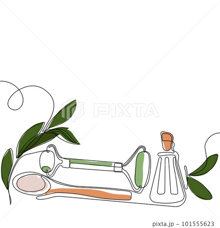 Skin care concept. Landing page template. Morning routine. Bath time. Organic products for scrubbing and body skin care with natural herbal skin care products, top view. Vector illustration 101555623