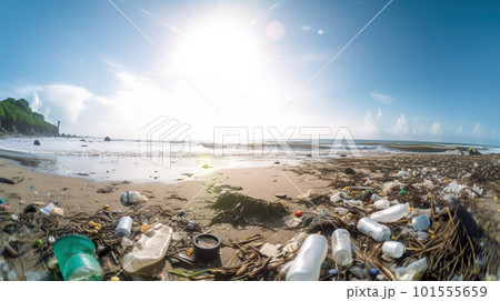 A beach filled with lots of trash next to the ocean. AI generative image A beach filled with lots of trash next to the ocean. AI generative image 101555659