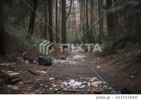 A trail in the woods with trash on the ground. AI generative image A trail in the woods with trash on the ground. AI generative image 101555660