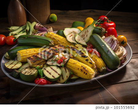 A plate of grilled vegetables on a wooden table. AI generative image A plate of grilled vegetables on a wooden table. AI generative image 101555692