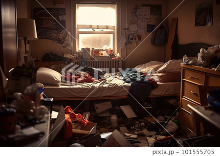 A messy bedroom with a messy bed and clutter on the floor. AI generative image 101555705