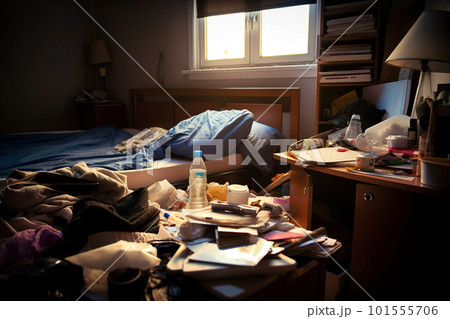 A messy bedroom with a bottle of water on the bed. AI generative image A messy bedroom with a bottle of water on the bed. AI generative image 101555706