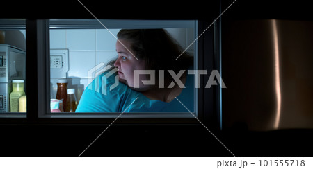Eats overnight. A woman in a blue shirt looking in a refrigerator at night. AI generative image 101555718