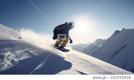 A man riding a snowboard down the side of a snow covered slope. AI generative image A man riding a snowboard down the side of a snow covered slope. AI generative image 101555918