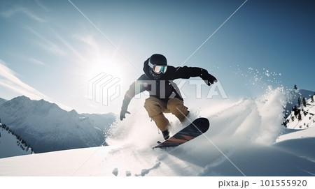 A man riding a snowboard down the side of a snow covered slope. AI generative image A man riding a snowboard down the side of a snow covered slope. AI generative image 101555920