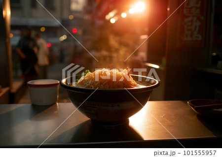 A bowl of noodles is sitting on a table. AI generative image 101555957