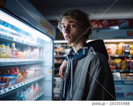 A young man standing in front of a refrigerator. AI generative image 101555988